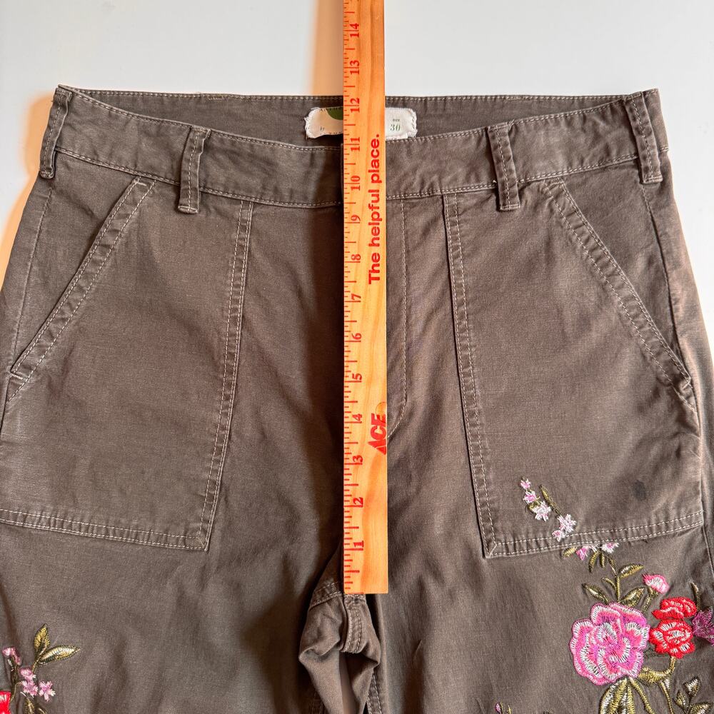 Anthropologie Floral Embroidered Utility Pants Size 30 Olive Green Cotton Linen - Picture 13 of 16